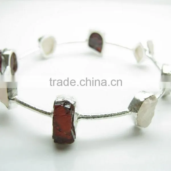 Rough Rose Quartz & Garnet Natural Gemstones 925 Sterling Silver Raw Bangle