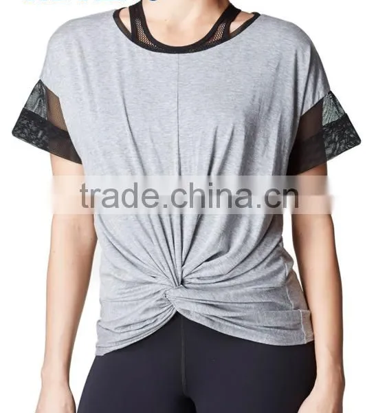 2016 Short Mesh Sleeve Top With Knotted Front Office In United States (USA)Small Minimum photo-2