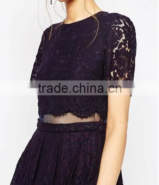 China Guangzhou Clothing OEM Scalloped Edges Round Neckline Crop Top Mesh Insert Midi Women Dress photo-3