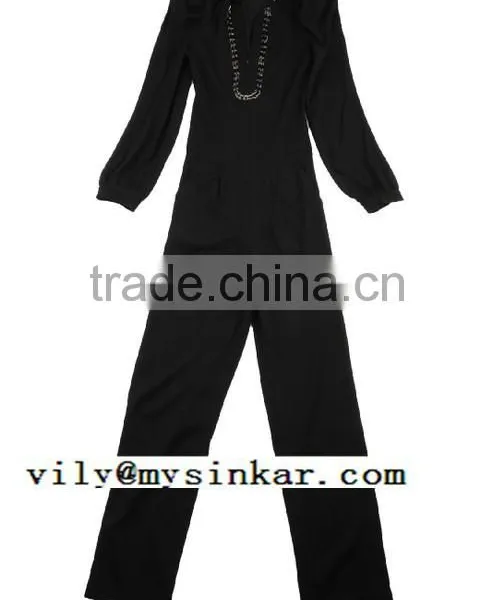 Woven Beaded Long Sleeve One Button Pleated Good Quality Women Jumpsuit photo-4