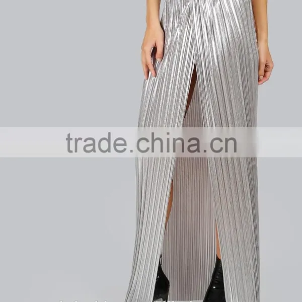 Long Split Women Pleated Long Skirt Sliver Color High Waist Maxi Skirt New Arrive photo-3