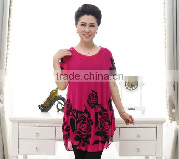 Middle Aged Women Fashion Beaded Lace Loose Printed Blouse photo-3