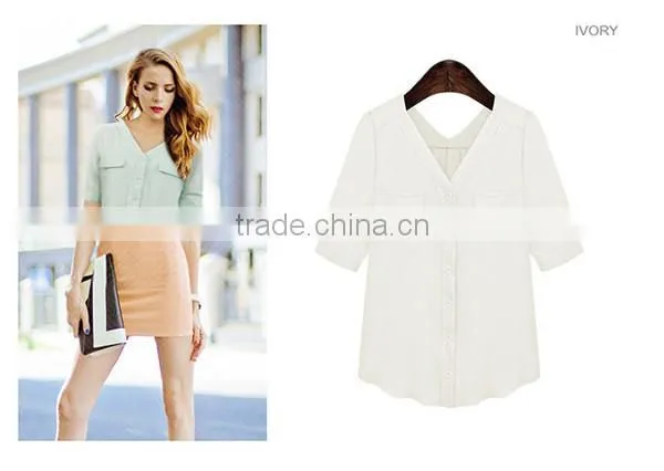 New Design 2 Colors Choice V Neck Short Sleeve Plus Size Women Chiffon Fabric Shirt photo-2