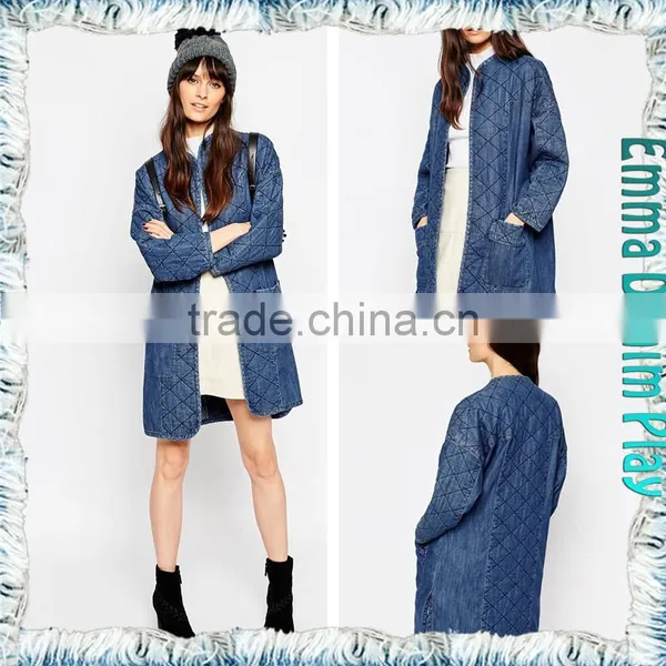 2017 New Designer Women's Diamand Embroidery Winter Long Cotton Denim Bomber Coats photo-4