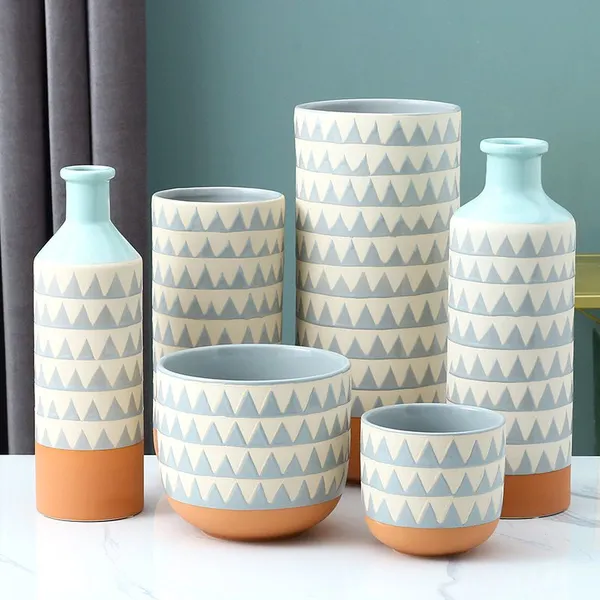 Blue And White Triangle Stripe Elegant Simple Fresh Creative Fasion Ceramic Flower Vase For Living Room photo-2