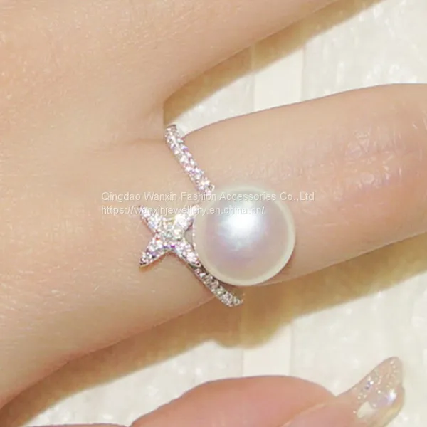 S925 Sterling Silver Ring Female Diamond Cross Star Pearl Ring photo-3