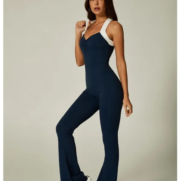 Großhandel: Kreuzrücken, leicht aufflarender Jumpsuit mit Ballettstil, gerunzeltem V-Ausschnitt, einteiliger,ärmelloser Yogakostüm