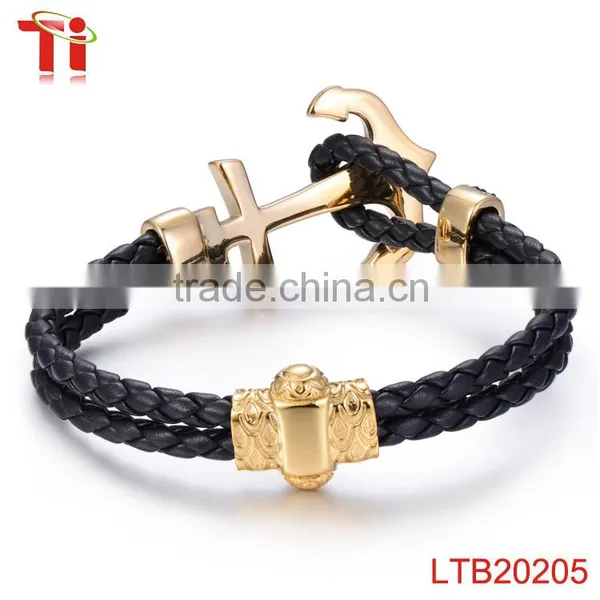 Anchor Bracelet Genuine Leather Bracelet x Power Bracelet With Black Zircon Stone photo-3