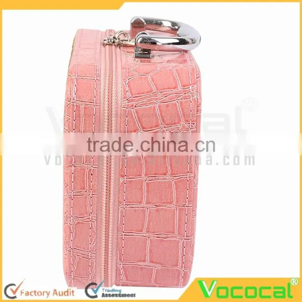 PU Leather Cosmetic Makeup Box Case Toiletry Organizer Storage Handbag With Mirror Crocodile Pattern Pink photo-2