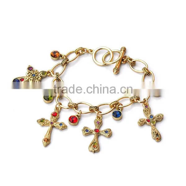 Colorful Rhinestone Cross Charms Gold Chain Bracelet Tiny Crystal Charms Goldfill Chain Bracelet photo-2