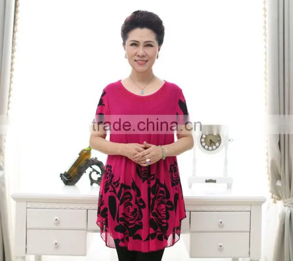 Middle Aged Women Fashion Beaded Lace Loose Printed Blouse photo-5