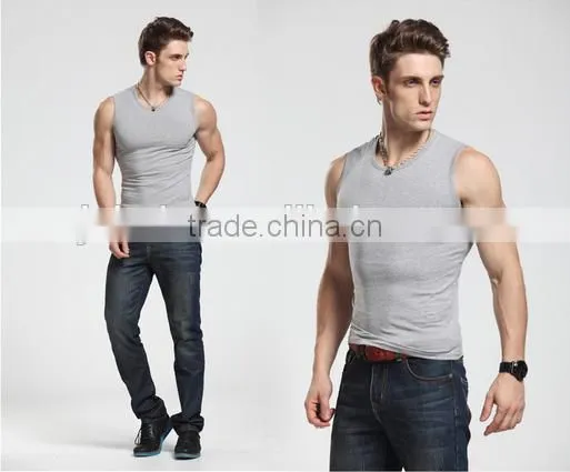 2016 Men's Wide Shoulder 100% Cotton Vest Sleeveless Fitness Elastic Tank Top Male Vest Factory Sale photo-2