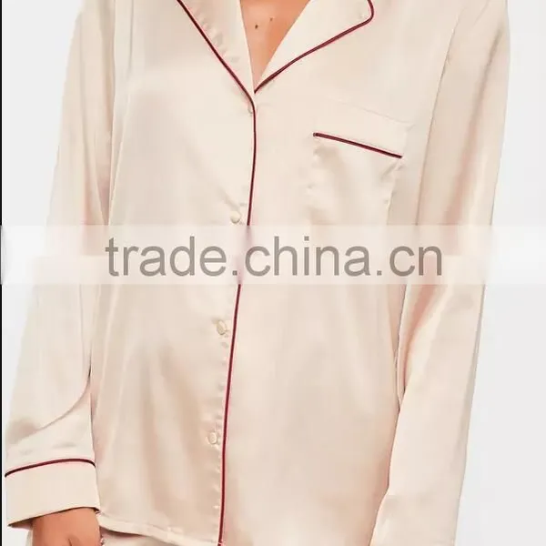 Custom Design Plain Nude Satin Pyjama Set With Contrast Burgundy Piping Button Top With Shorts photo-4