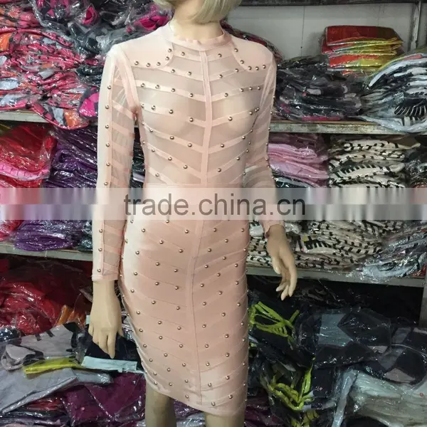 Summer Dress Army Green Black Long Sleeve Mesh Sey Party Women Beading Bandage Dress Bandage Bodycon Women Wearing photo-5