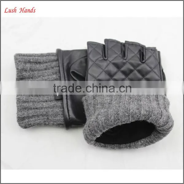 Ladies Winter Fingerless Leather Gloves With Grey Knitting Ending photo-6