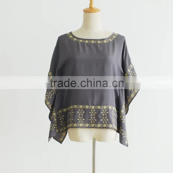 Kaftan Style Dolman Sleeve Metallic Yarn Embroider Short Silk Blouse photo-2