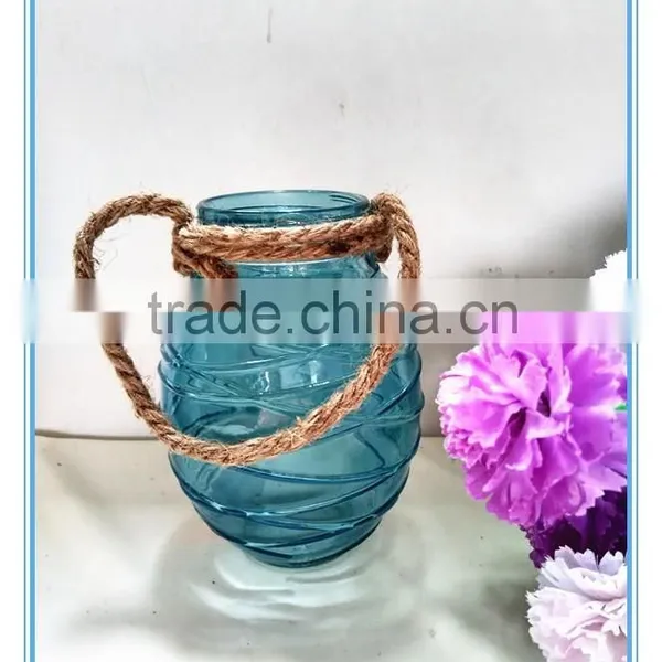 2016 Hot Sale Color Flower Vase/glass Candle Holder With Rope Handle