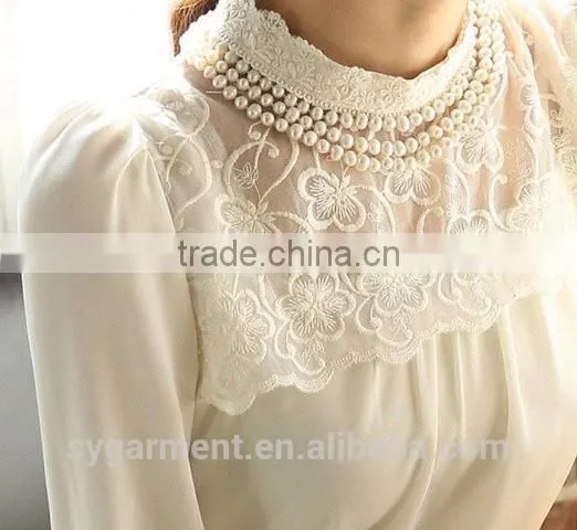 New Women Long Sleeve Render Unlined Upper Garment Sheer Lace Floral Chiffon Blouse White Pearl Collar Tops photo-5
