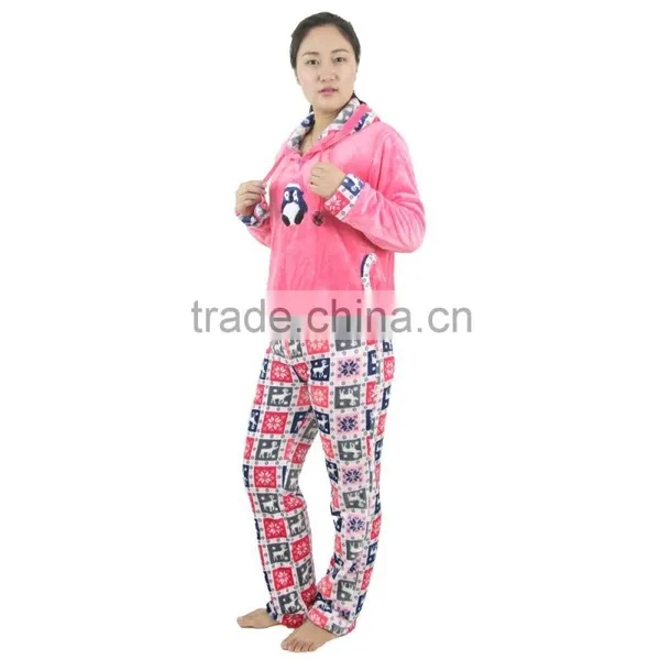 Kevince Flannel Pyjama Set Penguin Emb Deer Printcap Knitting Woman Clothing Nightwear Homewear MOQ 1000sets photo-3