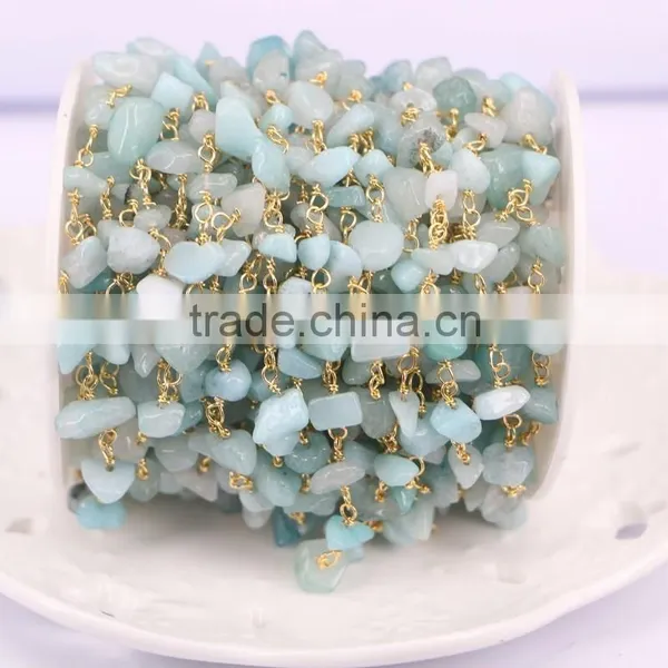 Aquamarine Chip Beads Link Rosary Chains,Brass Wire Wrapped Chain Necklace Bracelet, Fine Jewelry Findings Stone Beaded Chain photo-4