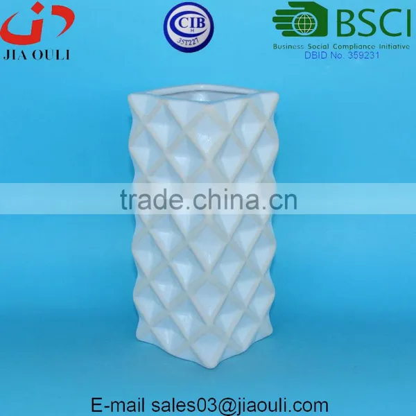 Tall Geometry Square Ceramic Vase White Glazed With Wash