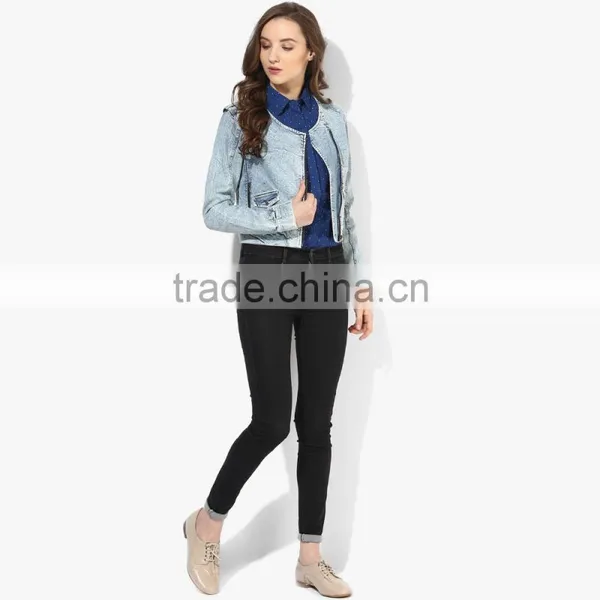 Blue Washed Zipper Denim Jacket Side Double for Women photo-2