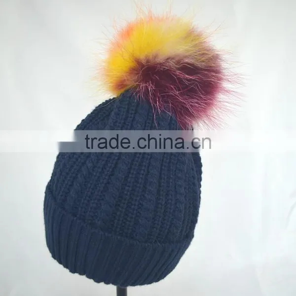 Myfur Navy Color Adults Winter Wool Beanie With Raccoon Fur Pompom Top photo-4