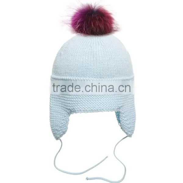 Myfur Baby Blue Wholesale Cotton Earflap Crochet Hat With Detachable Fur Pom Pom Top photo-2