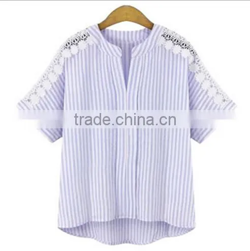 European Station 2017 New Large Size Women's Striped Shirt Stitching Short-sleeved T-shirt Cotton and Linen Jacket photo-2