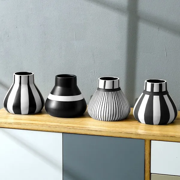 Classics White And Black Stripe Large Simole Style Ceramic Vase, Hotel And Living Room Decoration photo-4