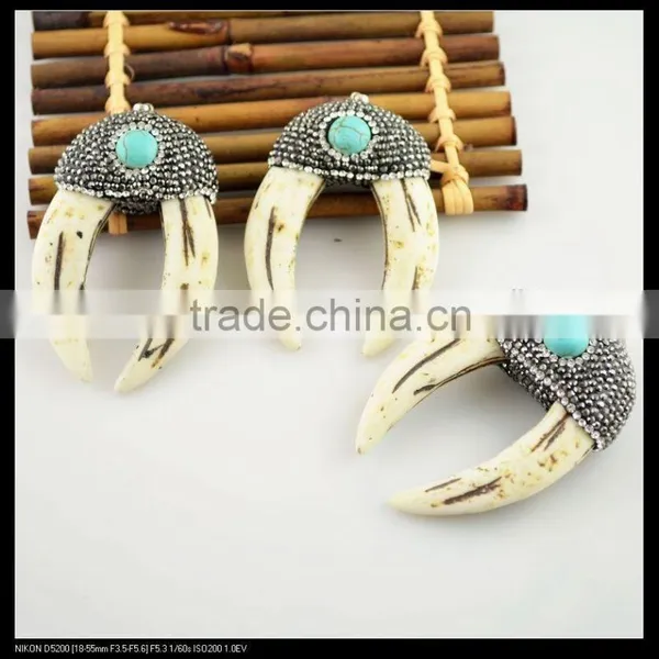 LFD-0099P ~ Fashion! Two White Teeth Pendant With Crystal Rhinestone and Turquoise Paved Charms Pendants photo-4