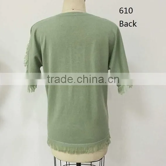 2016 Spring/Summer v Neck Short Sleeve Pointell on Front With Fringe Fashion Pullover Garment