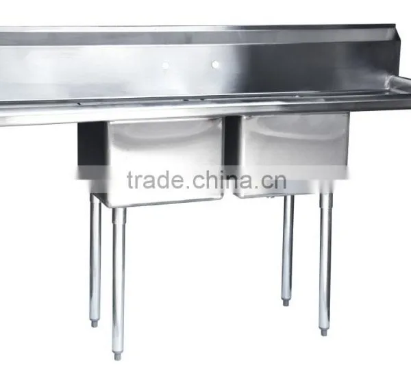 Freestanding Restaurant Kitchen 2 Two Compartment Commercial Stainless Steel Sink With Two Drainboard photo-3