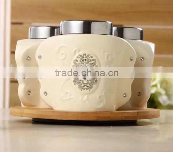 Ceramic Canister Set With Turntable Bamboo Rack,ceramic Food Storage Jar,ceramic Kitchen Sugar Coffee Tea Jar photo-2