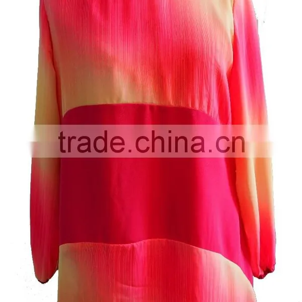 Multi Color Print Round Collar Long Sleeve Chiffon Shirt With Front Strip Blouse Tunic Dress