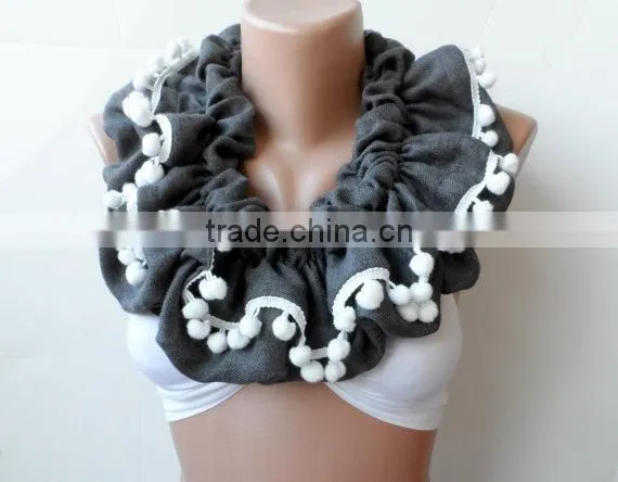 Scarf,Gray Loop Scarf, Ruffle Scarf, Gray Infinity Scarf, Circle, Gray Pashmina,Christmas Scarfs, Pompom Scarf, Fashion,cowl Sca photo-6