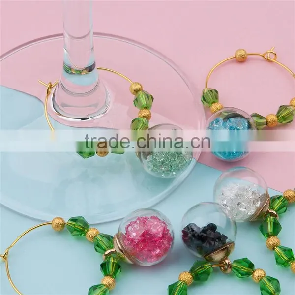 Gold Plated Green Faceted Bottle Round At Random Rhinestone Wine Glass Charm Rings photo-3