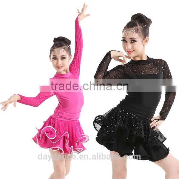 2016 New Fashion Girls High Neck Long Sleeve Performance Dress Child Kids Rhinstone Sequin Mesh Sexy Latin Dance Dress photo-2