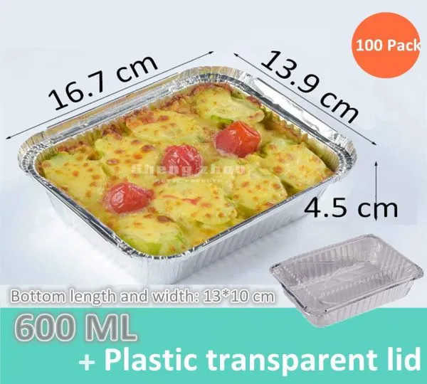 100 Pack Aluminum Pans with Plastic Transparent Lids, Deep Steam Table Pans, Rectangular Aluminum Pans for Cake, Roasting (600 ML)