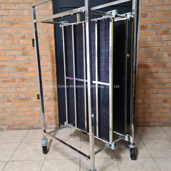 ESD Flat Storage Racks Chrome-Plated Mesh Shelving Cart Four-Wheel ESD Push Cart OEM Reel Storage Trolley 1200*600*1800mm photo-5