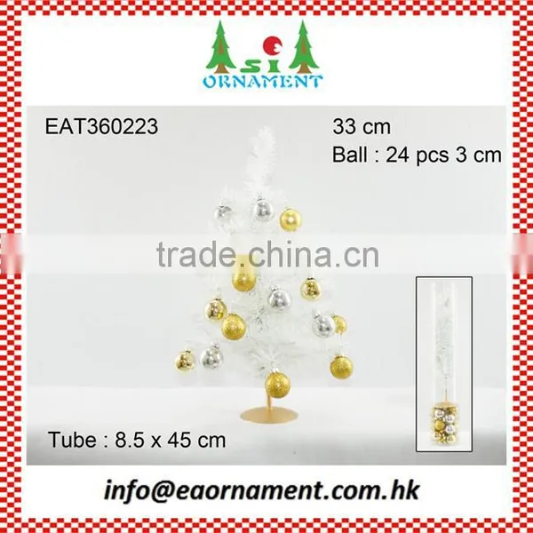 Set of Gold and Silver Hanging Balls and White Artificial Christmas Tree
