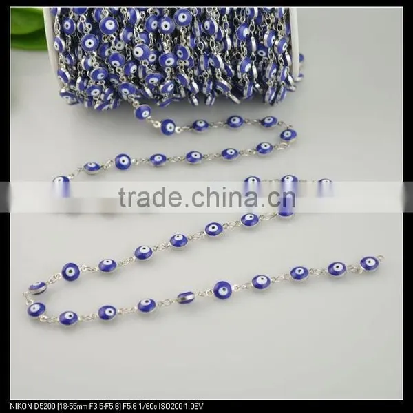 LFD-0022C ~ Wholesale 6MM Rosary Style Chains in Deep Blue Color - Evil Beaded Wire Wrapped Beaded Chain Jewelry Making photo-2