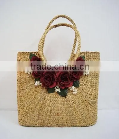 High Quality Best Selling Natural Water Hyancinth Shopping Bag With Flowers From Vietnam