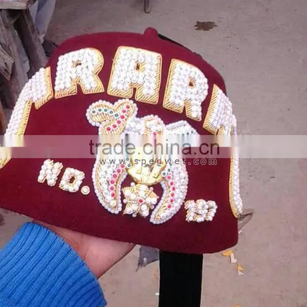 Masonic Fez Hats | Burgundy Color Shriners Rhinestones Hat | Ararat 197 Fez Hat 3 Row Rhinestones Embroidery
