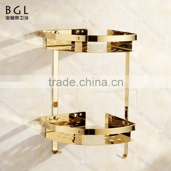 Shinning Style Bathroom Accessories Stainless Steel 304 Golden Plating 2 Tire Corner Basket for Bathroom Storage