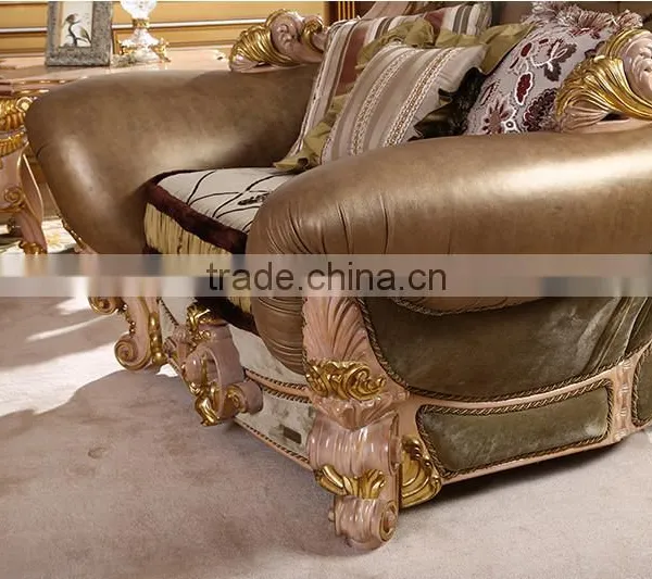 European Style Hand Carved Leather And Fabric Mixed 1+2+3 Sofa Set With Coffee Table(MOQ=1 SET) photo-5
