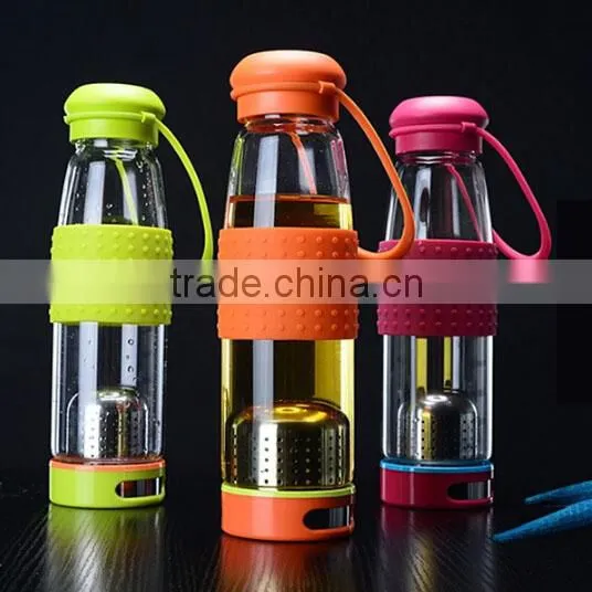 Haonai Promotional Borosilicate Sports Filter Water Glass Bottle With Silicon Sleeves photo-4