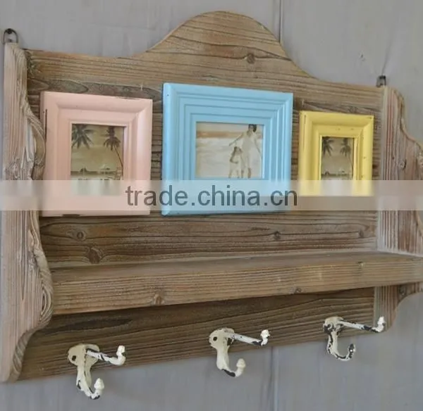 2016 Vintage Wood Wall Shelf With Hooks and Photo Frame photo-5