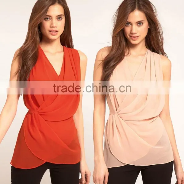 New Chiffon 2016 V Neck Women Blouses Slim Sleeveless Casual Vest Tops photo-2