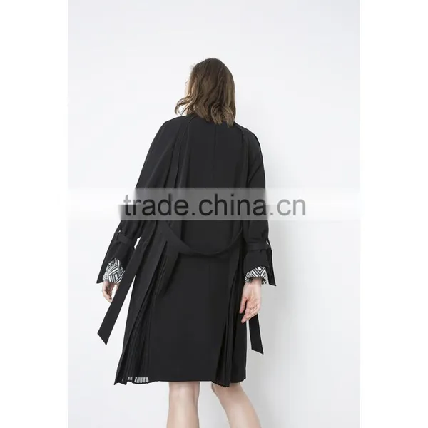 2018 Fashion Women Classical Black Plain Collar Belted Long Trench Coat photo-5